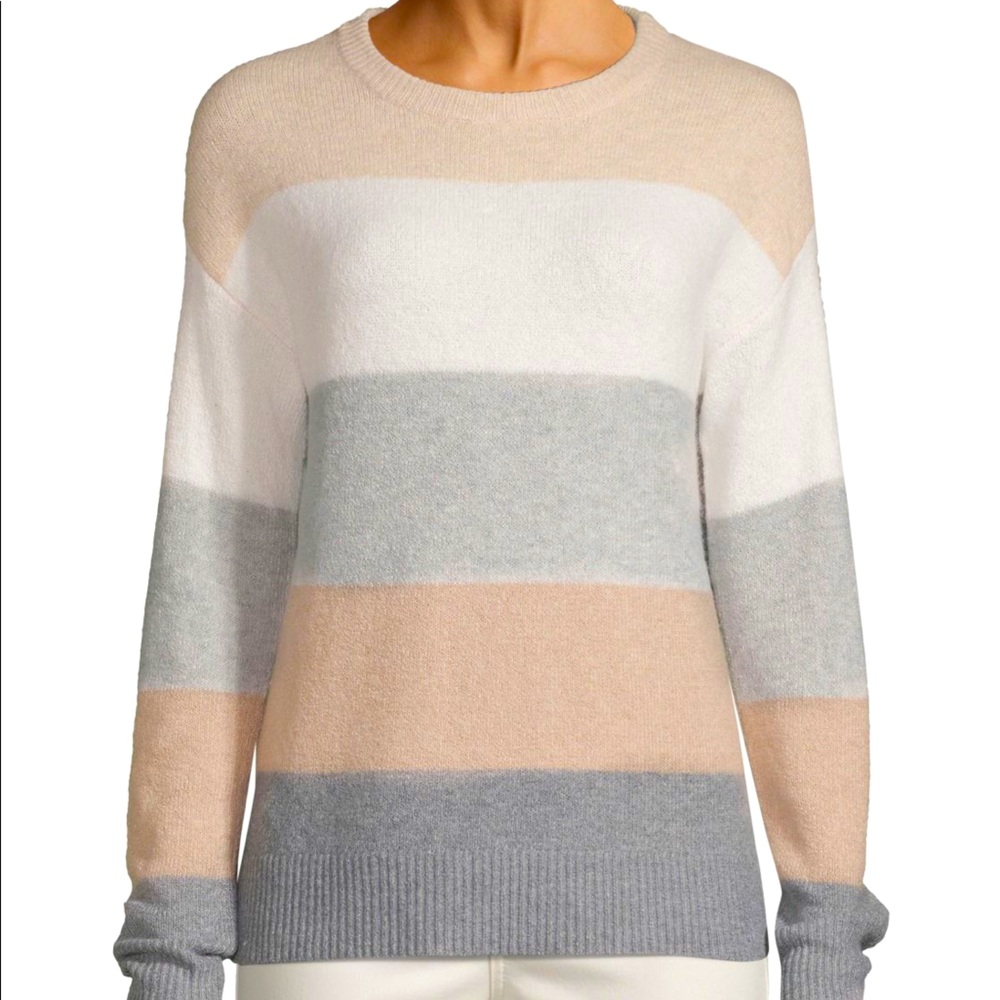 Time and Tru Women's Striped Crew Neck Sweater - Beige, White, Gray